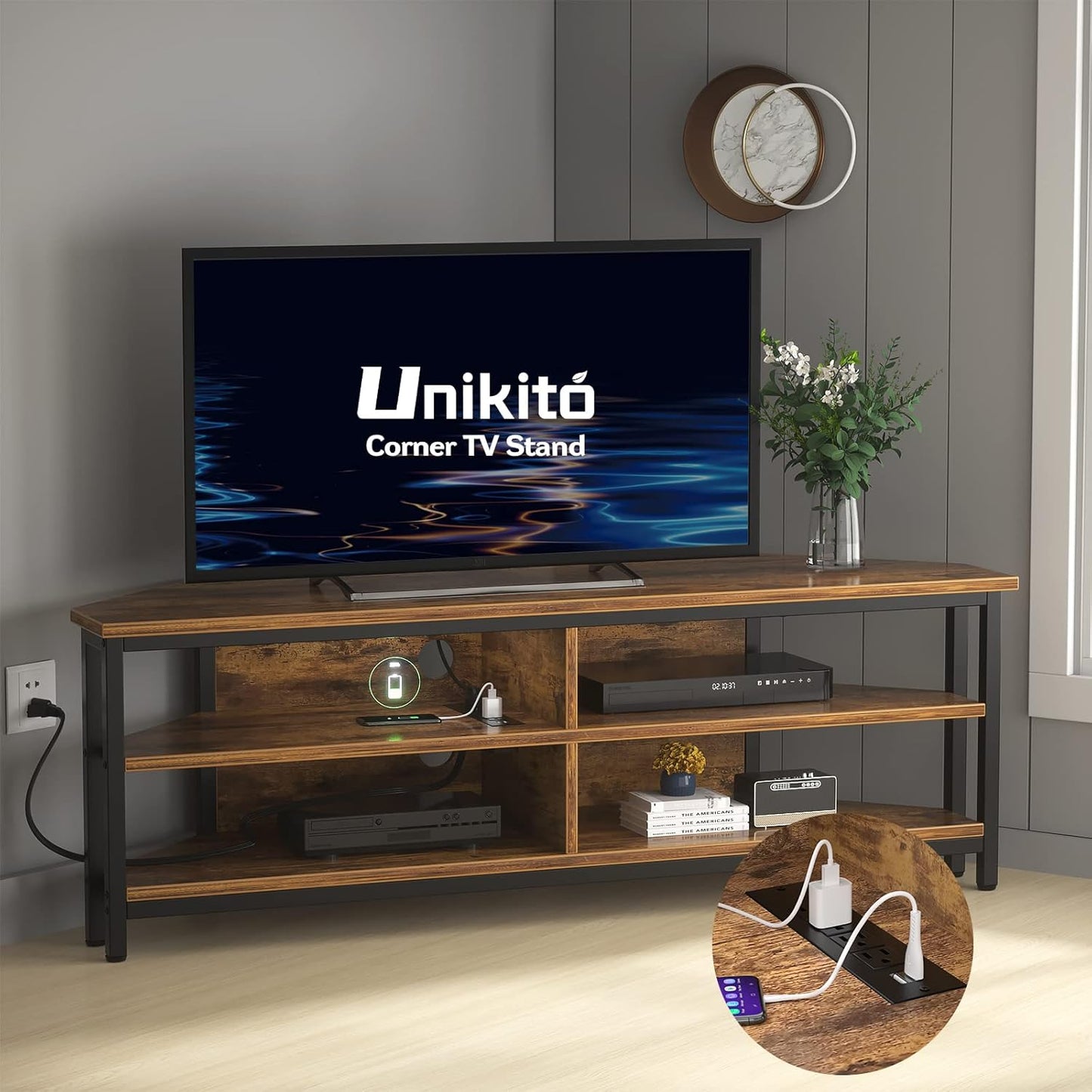 55'' Corner TV Stand with Power Outlet & 4 Shelves