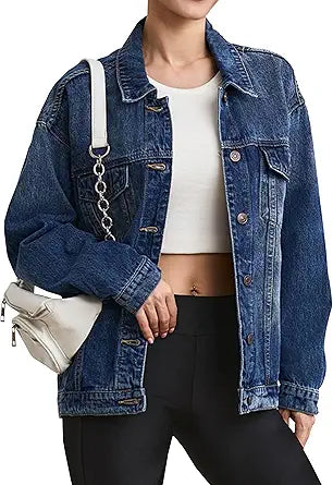 Tsher Women's Oversize Vintage Washed Denim Jacket for Style