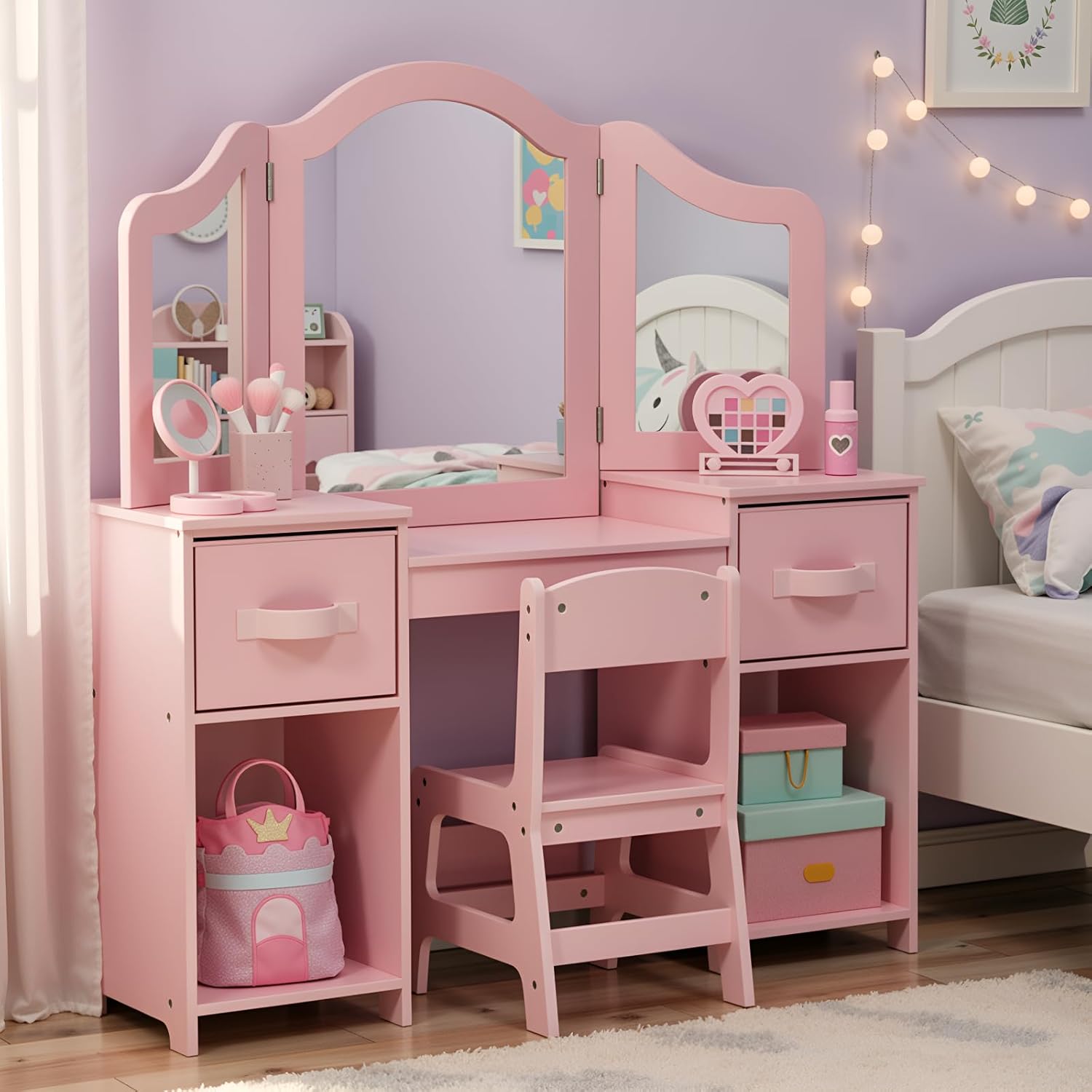 Arlopu Kids Vanity Set with Tri-fold Mirror for Little Girls