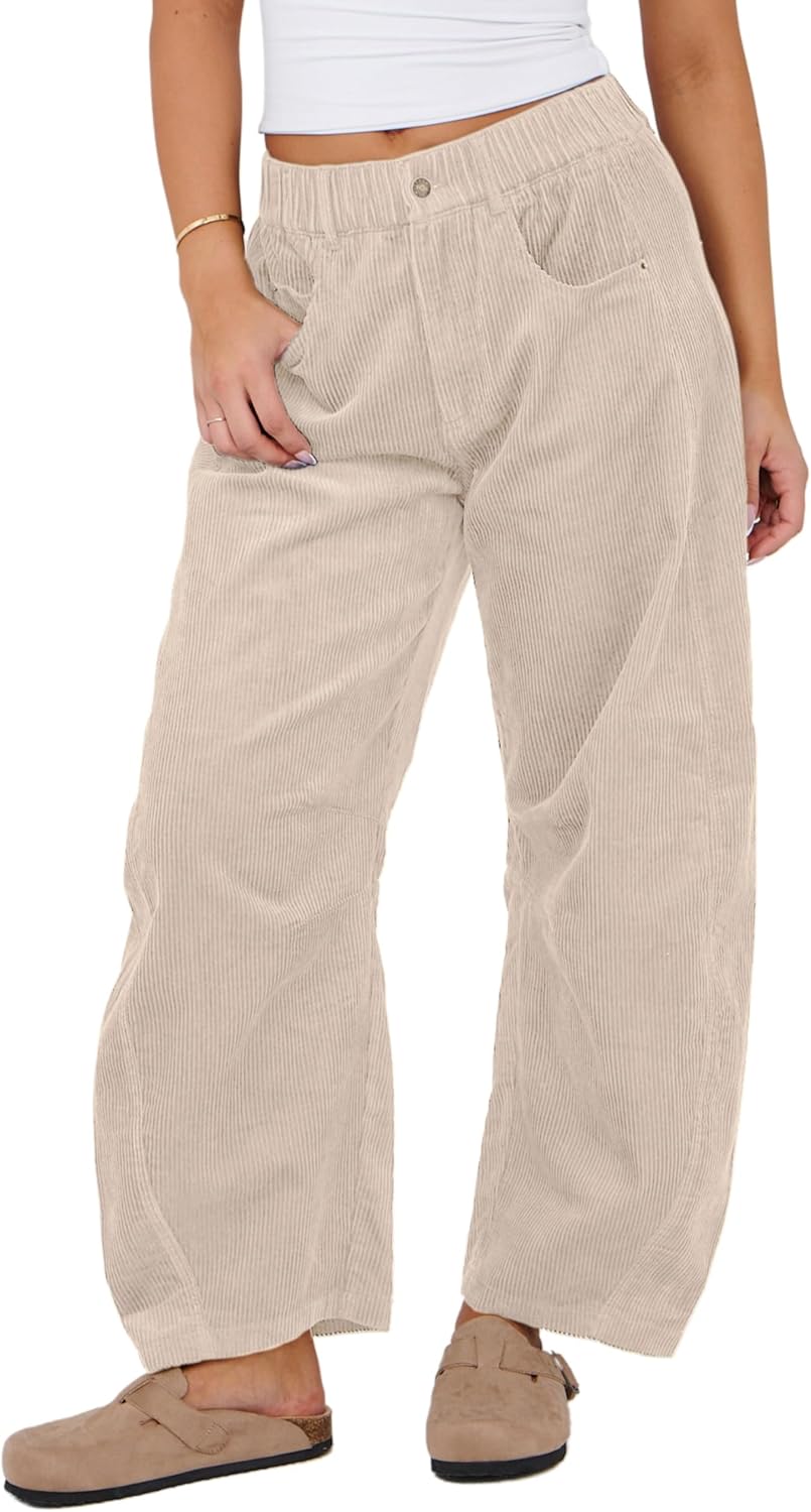 SeekMe Women's Corduroy Pants: Stylish Barrel Mid-Rise Trousers