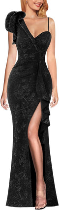 Womens One Shoulder Ruffle Beaded Strap Ruched Slit Maxi Dress VFSHOW