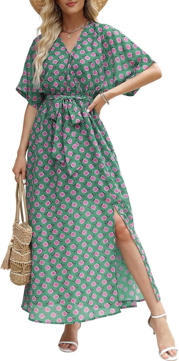 Boho Flowy Wrap V Neck Maxi Dress for Summer Events