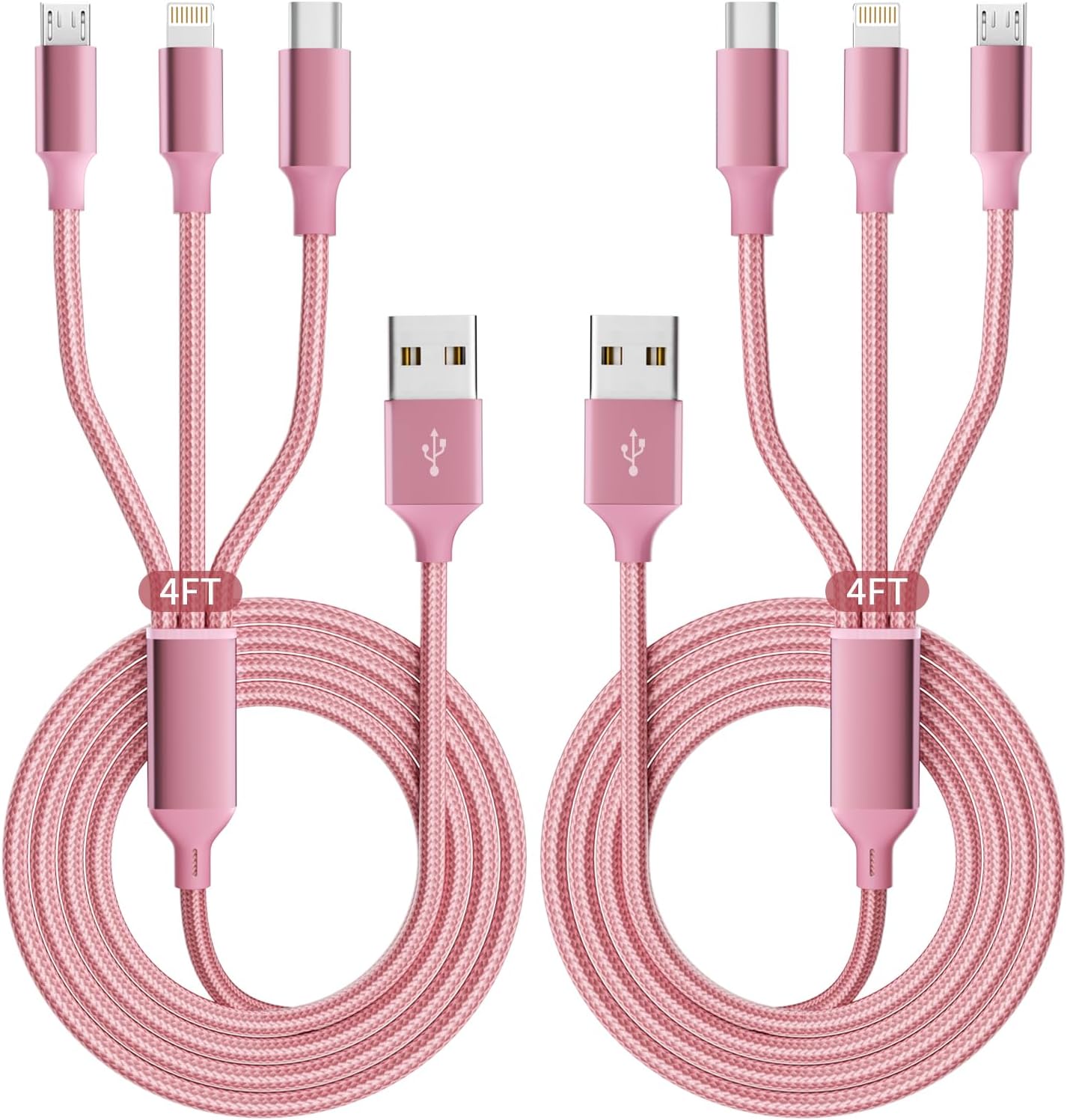 IDISON Multi Charger Cable - 3-in-1 Nylon Braided (2Pack 4FT)