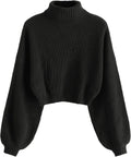 Cropped Turtleneck Sweater Lantern Sleeve Ribbed Knit (Style KZ4R)