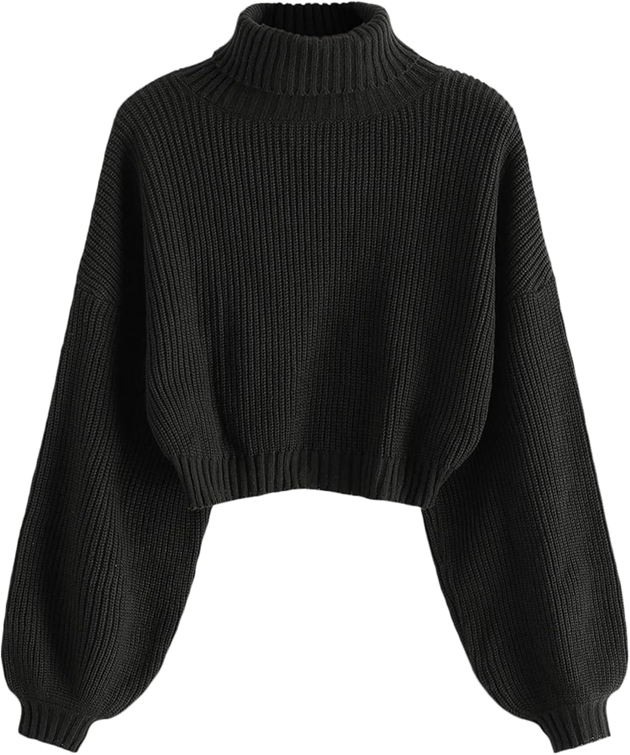 Cropped Turtleneck Sweater for Women with Lantern Sleeves