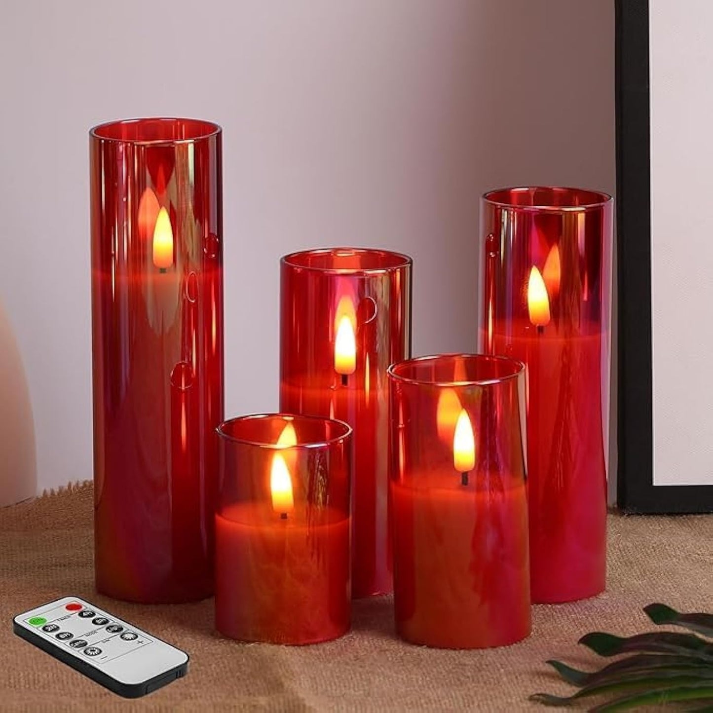 Eywamage Red Glass Flameless Candles Set with Remote Control