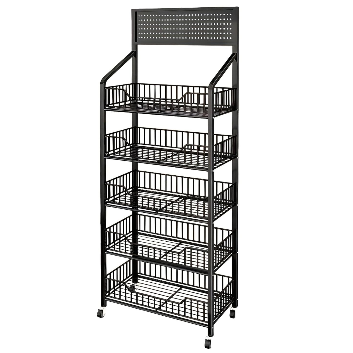 5 Tier Snack Rack Display Stand for Retail with Wheels & Hooks