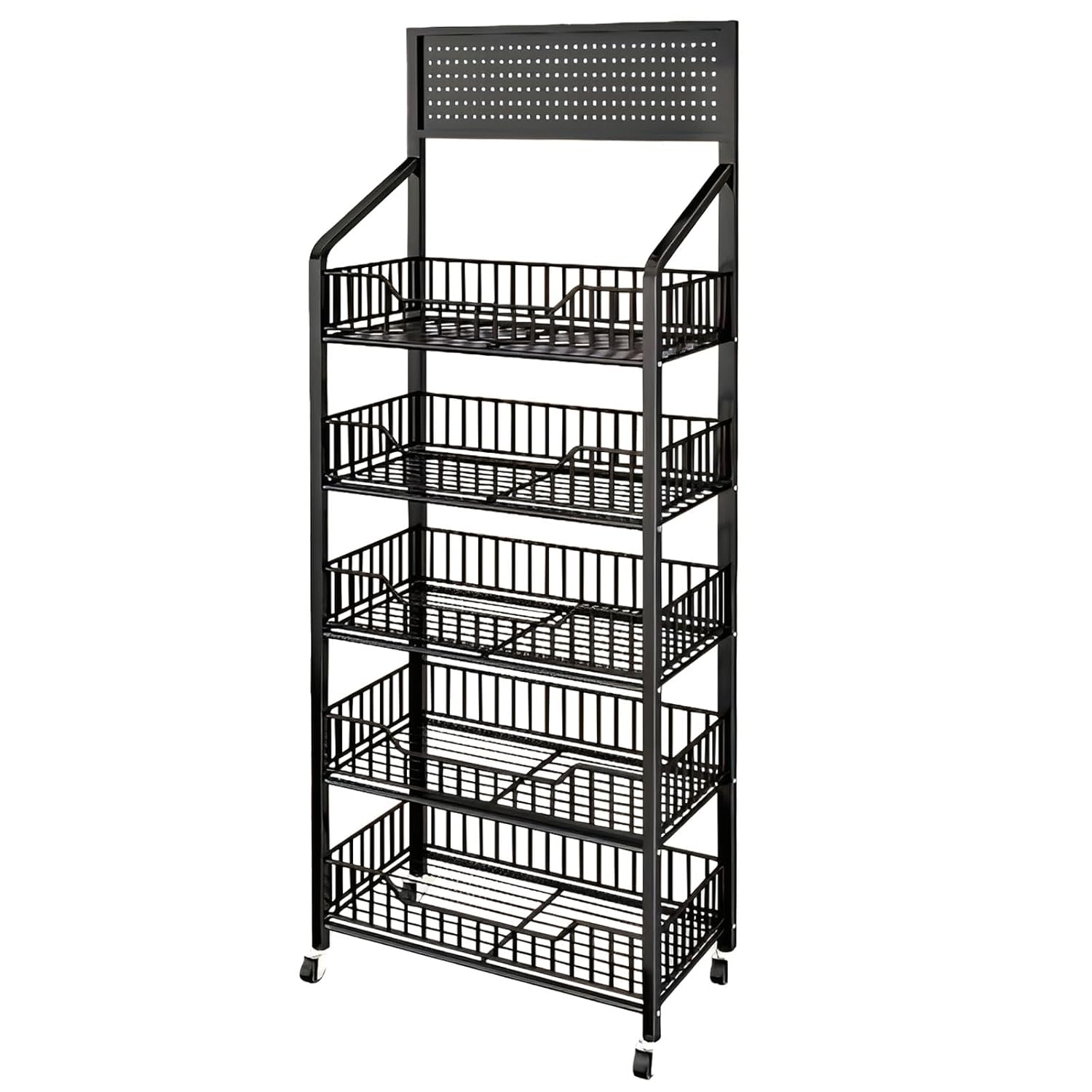 5 Tier Snack Rack Display Stand for Retail with Wheels & Hooks