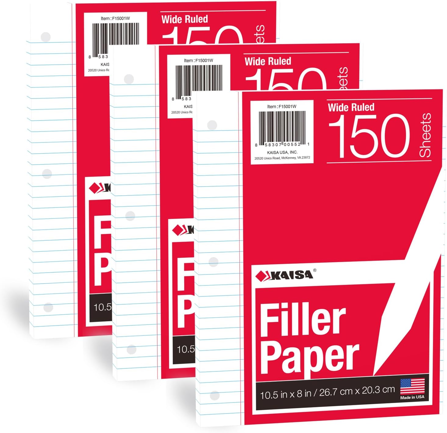 KAISA Wide Ruled Filler Paper: 3-Hole Punched, 450 Sheets!