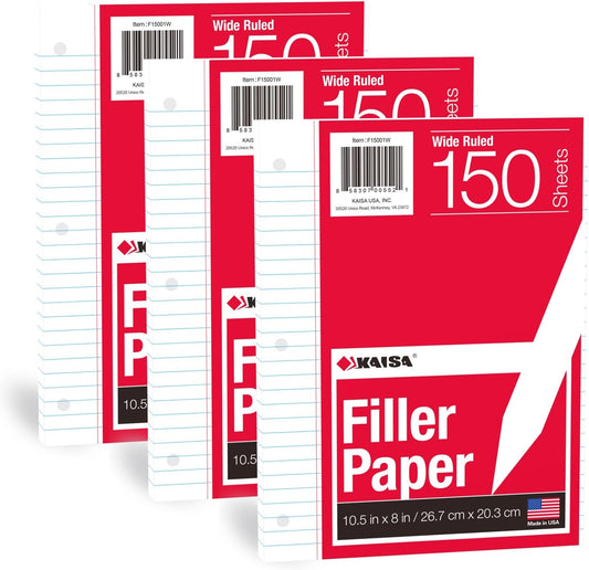KAISA Wide Ruled Filler Paper: 3-Hole Punched, 450 Sheets!