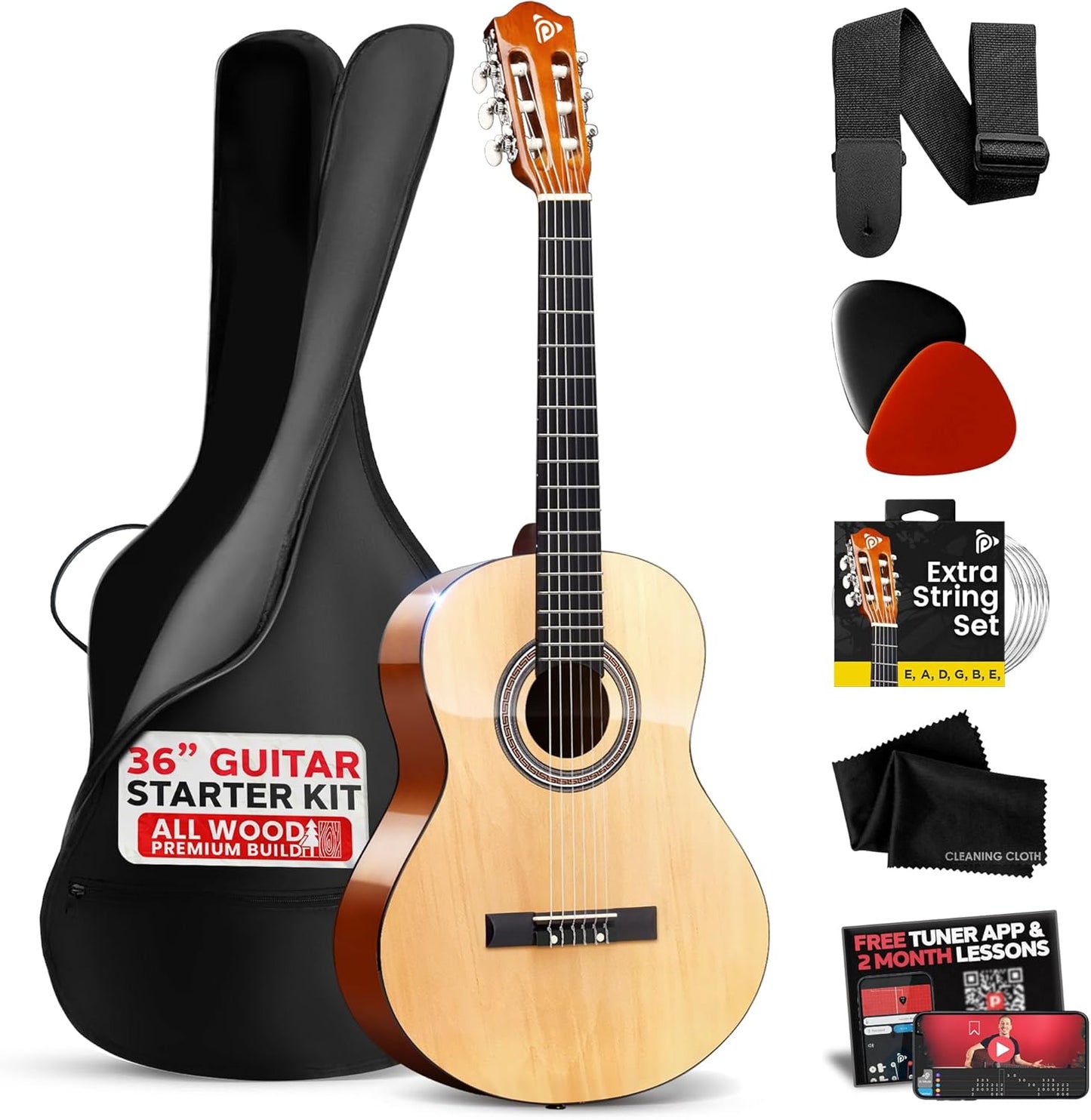 Pyle Beginner Acoustic Guitar Kit for Kids and Adults, 36 in