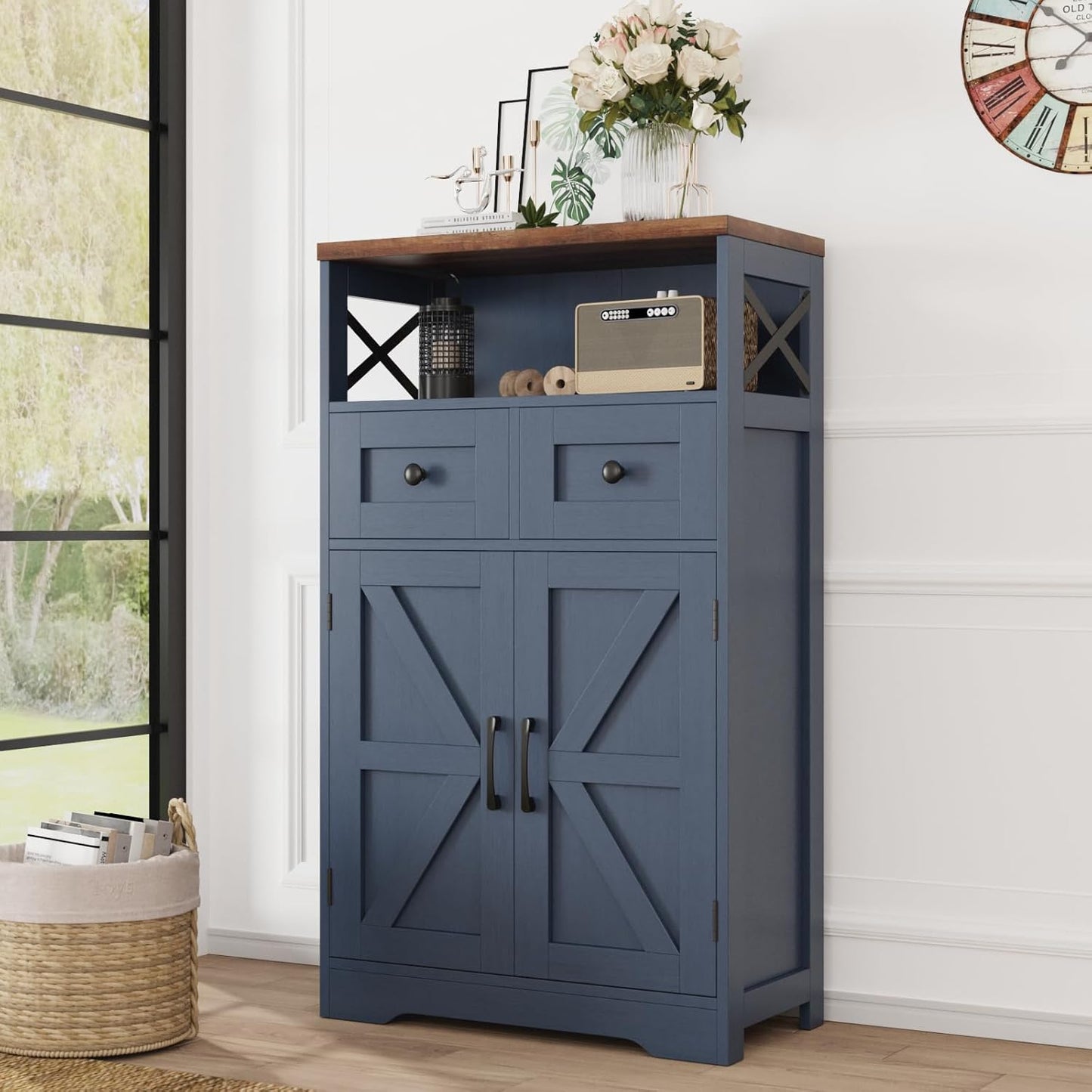 Farmhouse Blue Storage Cabinet with Barn Doors and Drawers