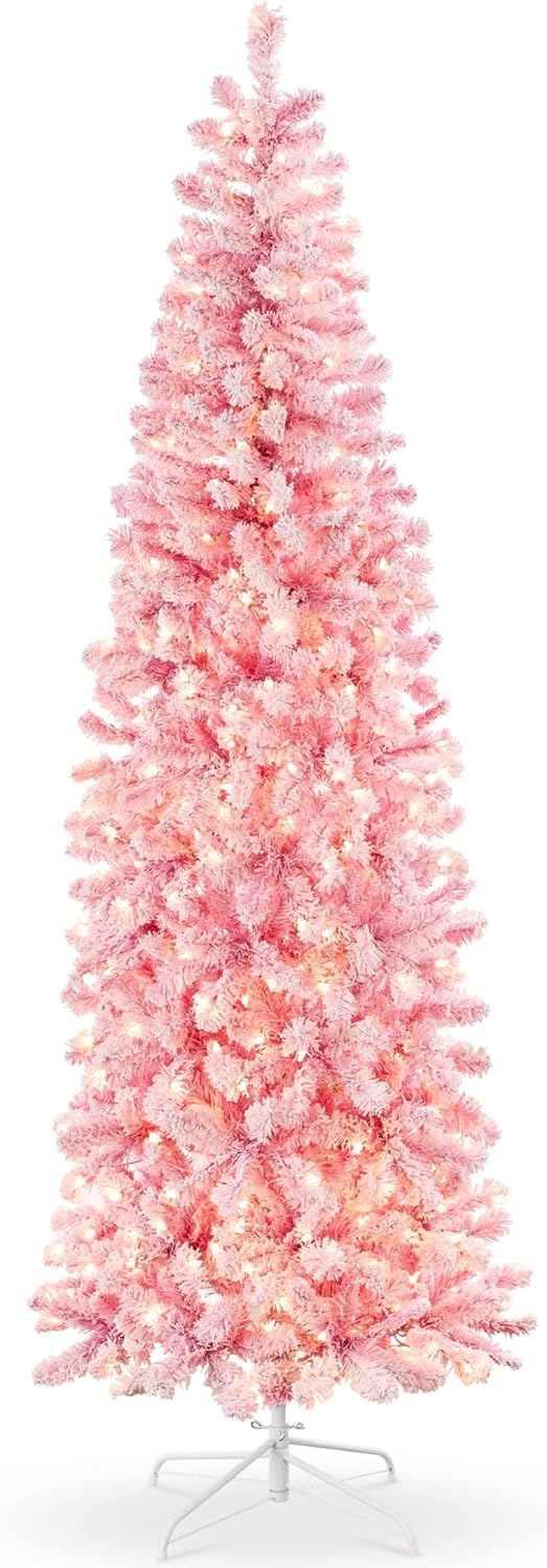 Flocked Pink Pencil Christmas Tree - 7.5ft Pre-Lit Slim Design