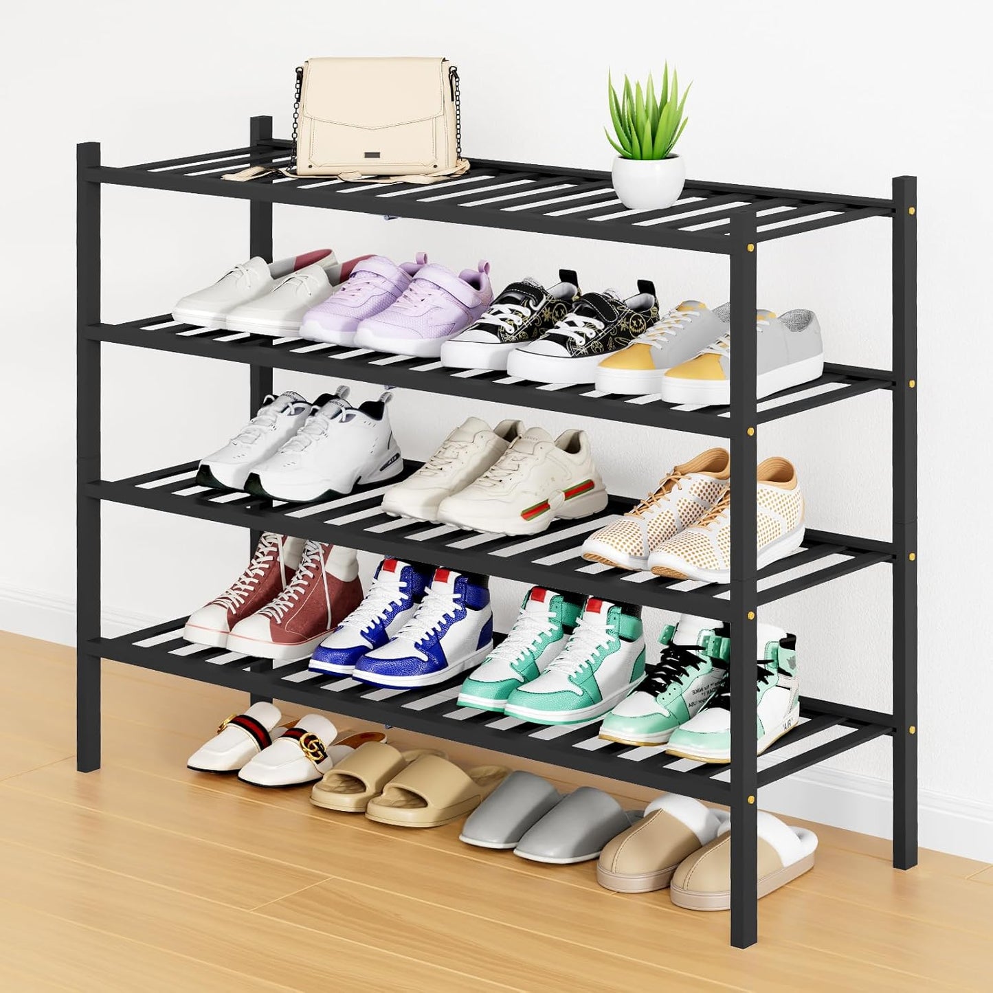 Smiry Shoe Rack - 4 Tier Bamboo Organizer for Entryway Storage