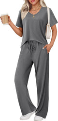 Ekouaer Womens Ribbed Knit Lounge Set - Short Sleeve Top & Long Pants