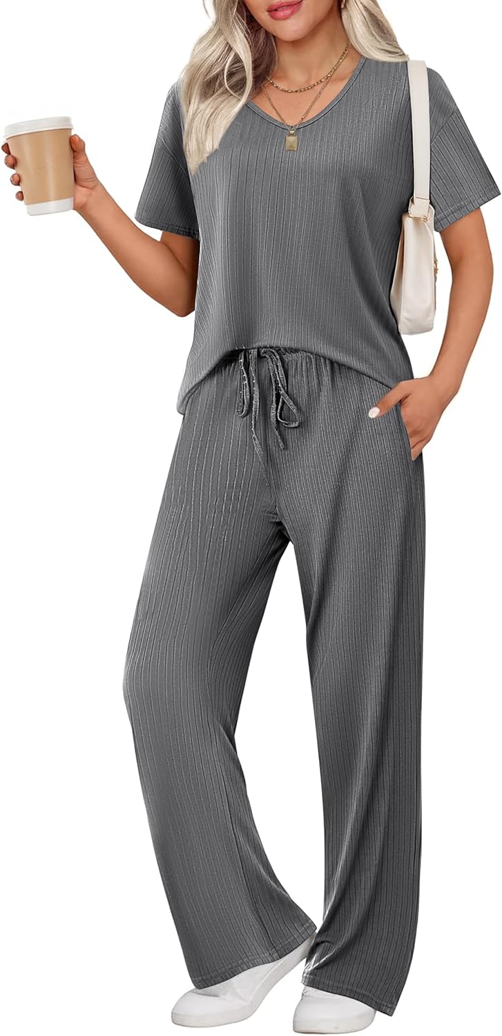 Ekouaer Womens Ribbed Knit Lounge Set for Cozy Sleepwear