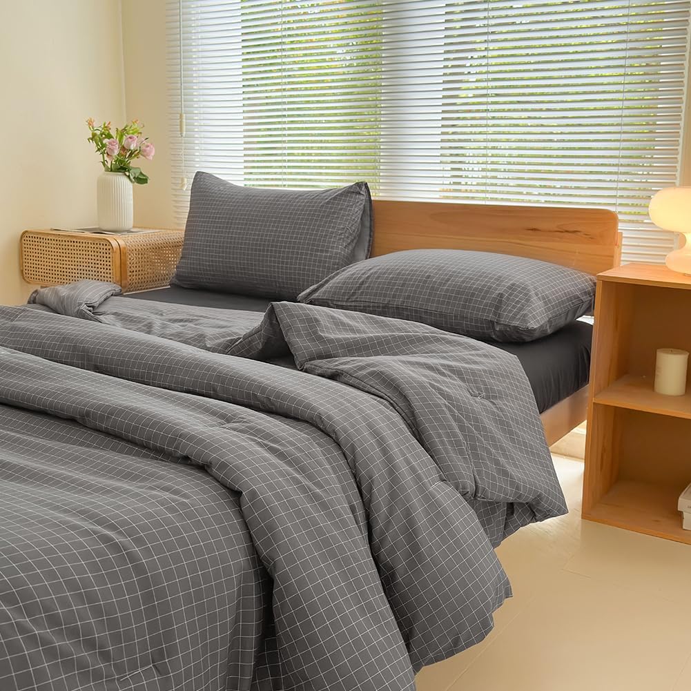 NSNLGSGC Twin Comforter Set with Dark Gray Plaid Design