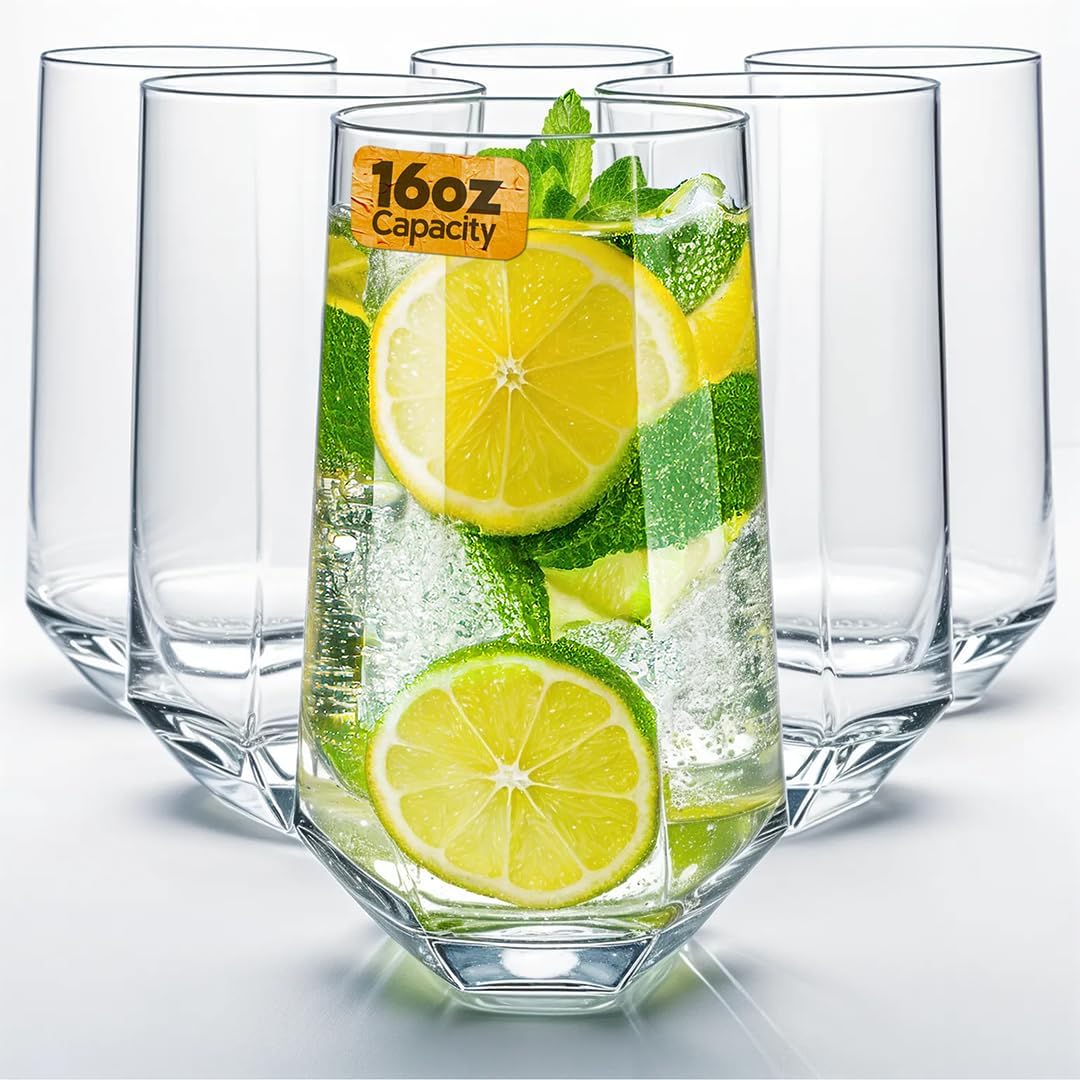 Crystal Beverage Glasses Set of 6 Hexagon Design for Drinks