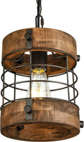 Round Brown Metal and Wood 1-Light Cage Pendant - Rustic Chandelier