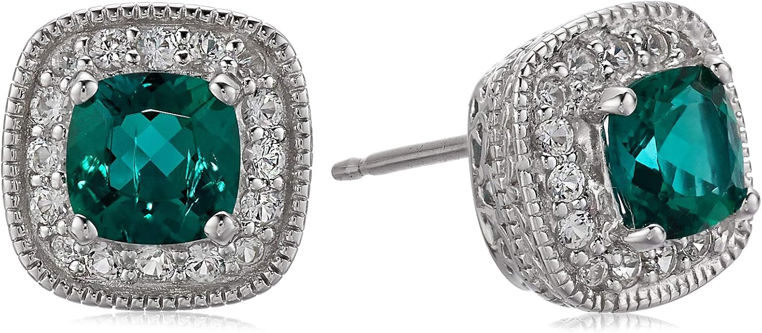 Cushion Cut Birthstone Halo Stud Earrings in Sterling Silver