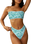 Women Strapless Textured Bandeau Bikini Set - Lace Up Cheeky Fit