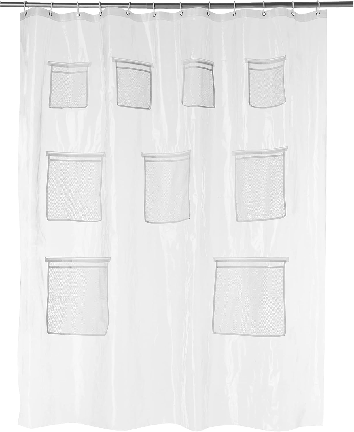 Basics 8-Gauge Clear Shower Curtain w/ Mesh Pockets - Organize Effortlessly!