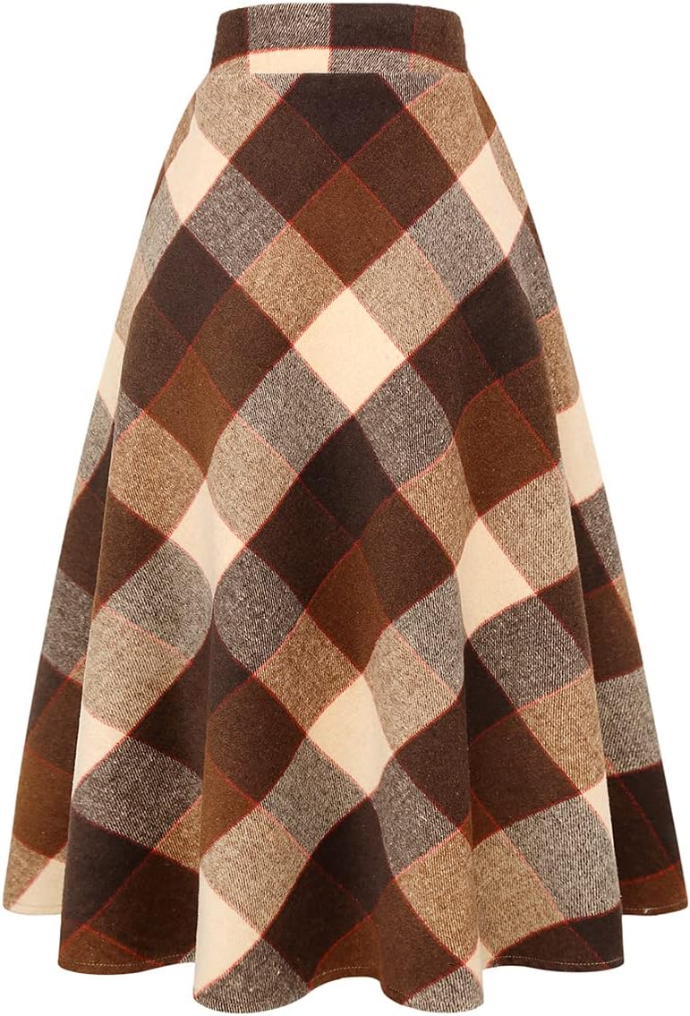 Womens Plaid Wool Skirts with Elastic Waist and Side Pockets