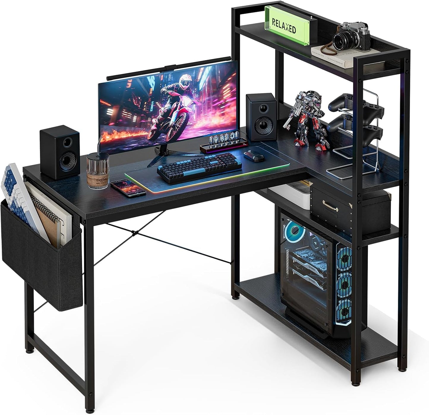 47 Inch L Shaped Computer Desk with Reversible Storage Shelves