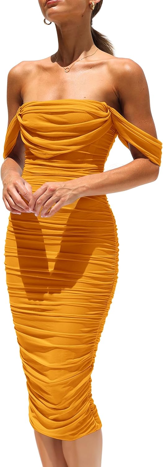 Elegant Off Shoulder Midi Dress for Wedding Guests and Parties