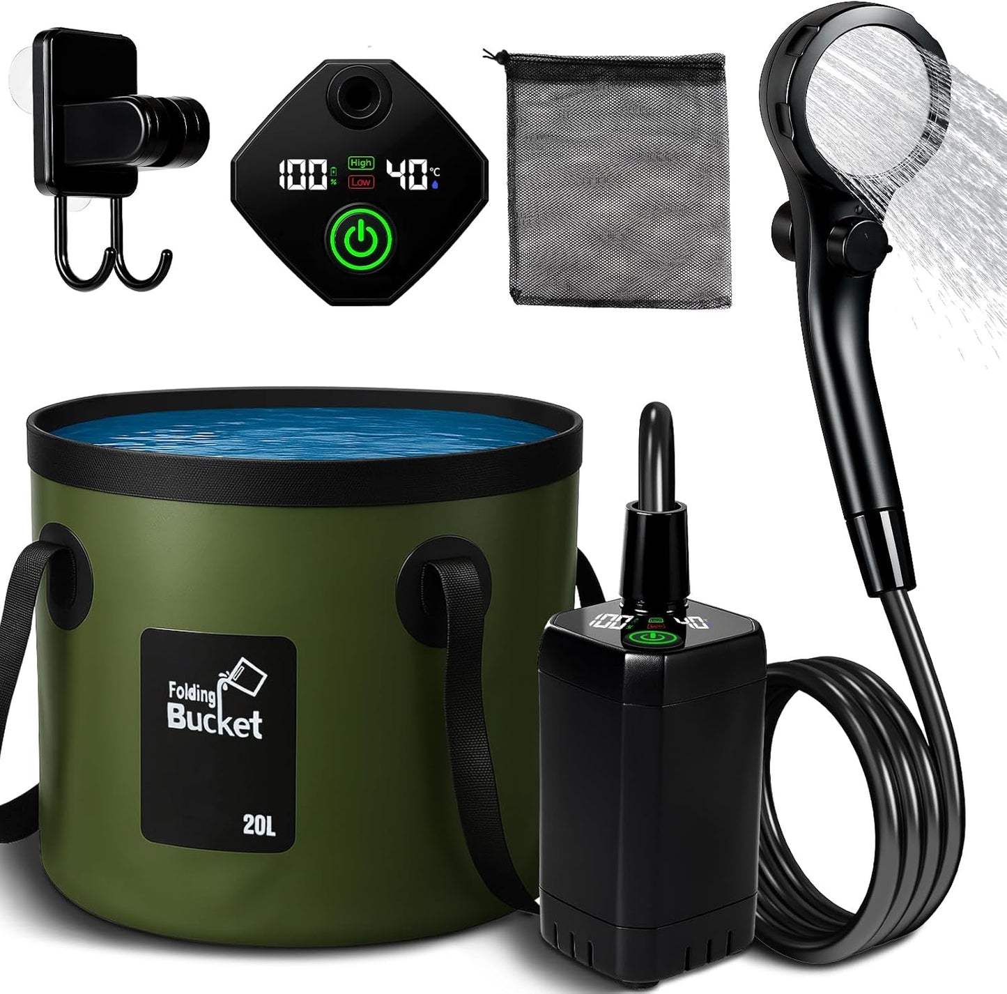 Motivekit Portable Camping Shower with 6000mAh Pump & Bucket