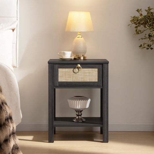 SICOTAS Rattan Nightstand with Storage Shelf for Bedroom Use