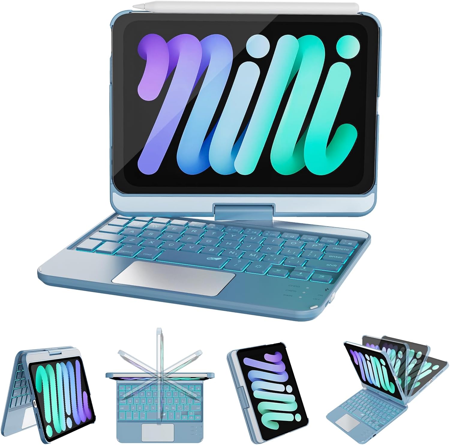 iPad Mini 7 & 6 Case with Keyboard, 360 Rotatable Design