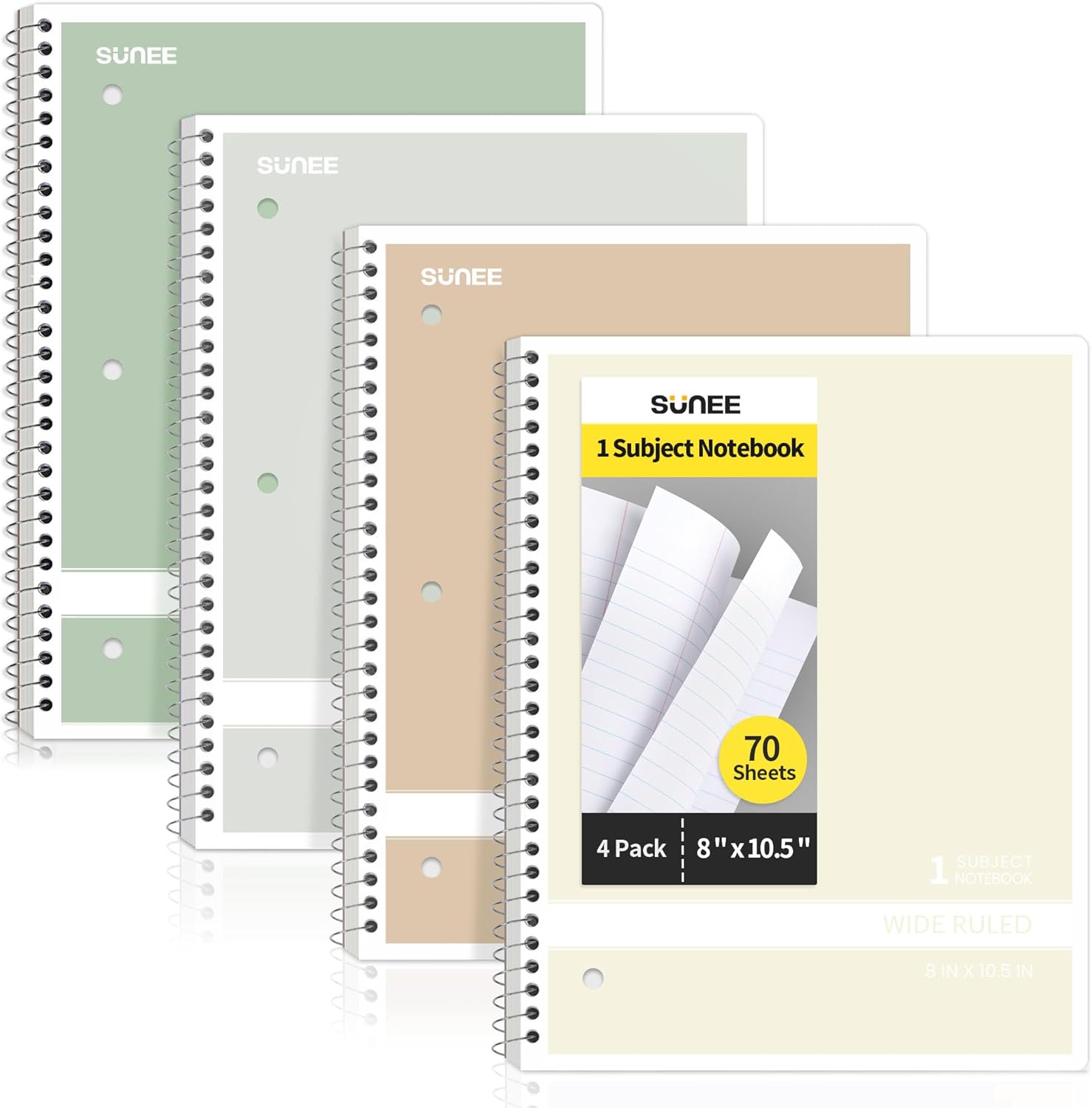 SUNEE 4 Pack Spiral Notebooks: Wide Ruled, 1-Subject, 70 Sheets Each, 8x10.5, 3-Hole Punched - Perfect for Work, School!