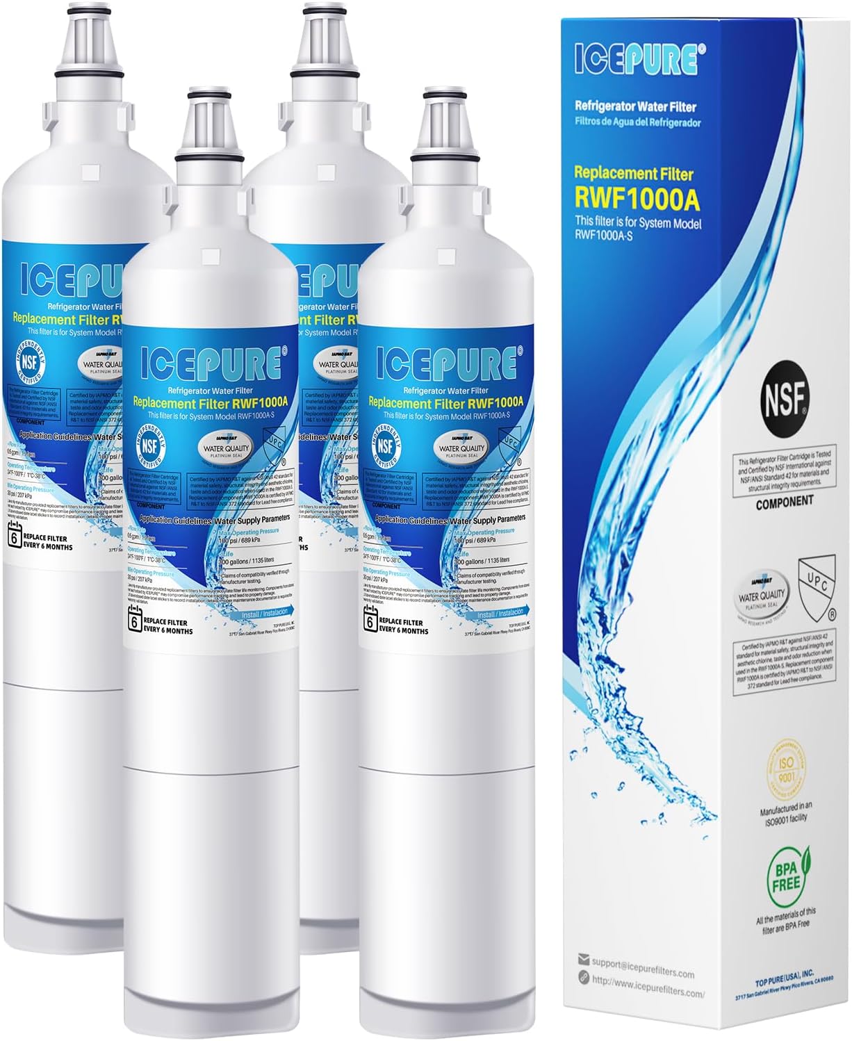 ICEPURE RWF1000A Refrigerator Water Filter 4 PACK for LG Models