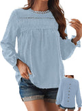 Womens Boho Tops Long Sleeve Crewneck Swiss Dot Crochet Hollow Top as
