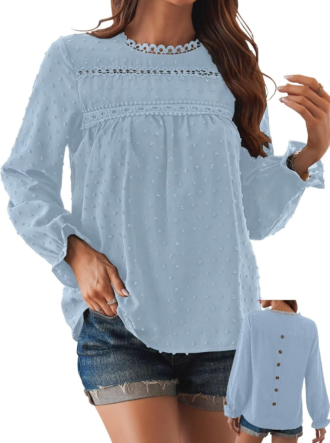 Womens Boho Tops Long Sleeve Shirts Cute Crewneck Blouse 2025