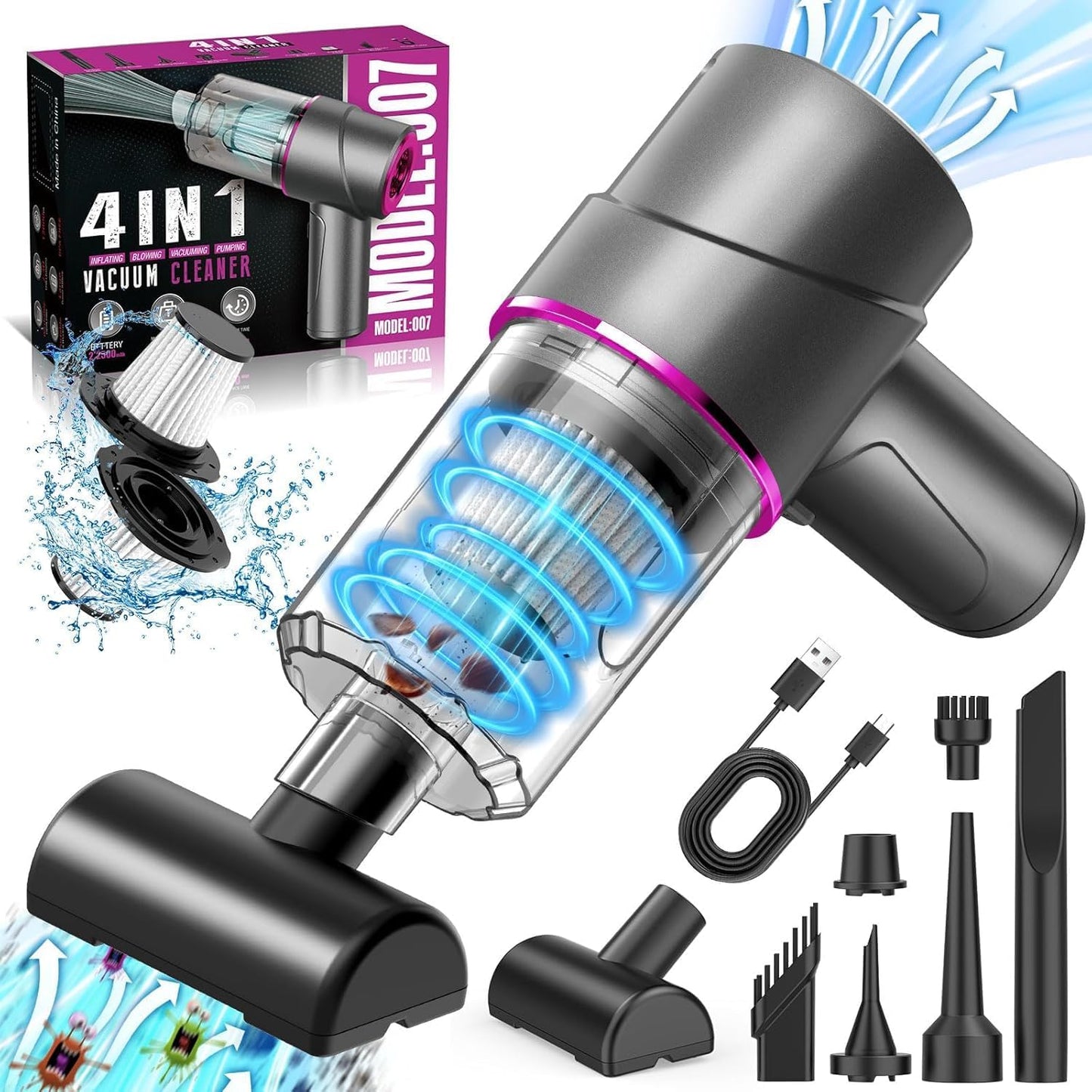 Powerful 4-in-1 Handheld Car Vacuum - 12000Pa Suction, 5000mAh, 120W