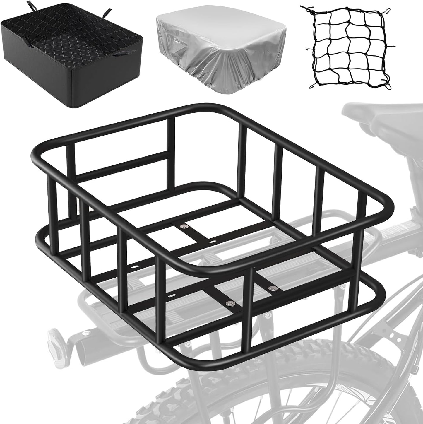 Heavy Duty Bike Basket Rear Rack with Cargo Net and Liner