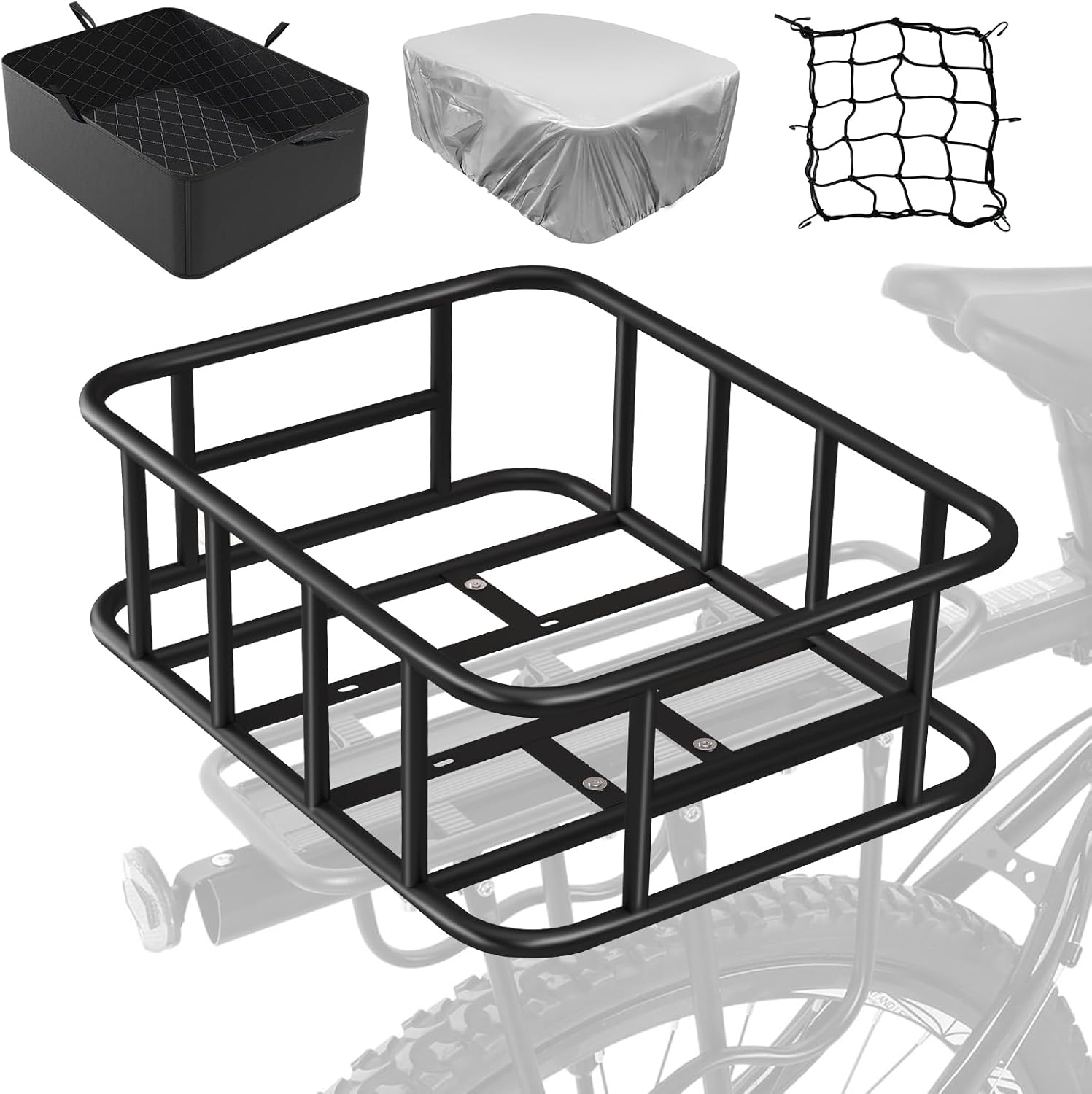 Heavy Duty Bike Basket Rear Rack with Cargo Net and Liner