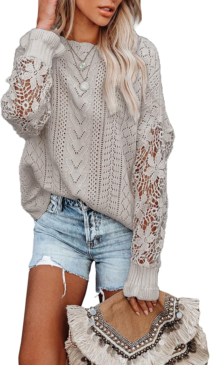 Dokotoo Womens Crochet Lace Long Sleeve Sweater for Style
