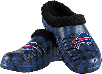 FOCO Men's NFL Team Logo Sherpa Lined Buffalo Check Slippers