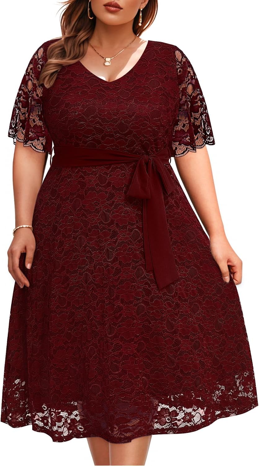 Elegant Plus Size Lace Midi Dress for Wedding Guests and More