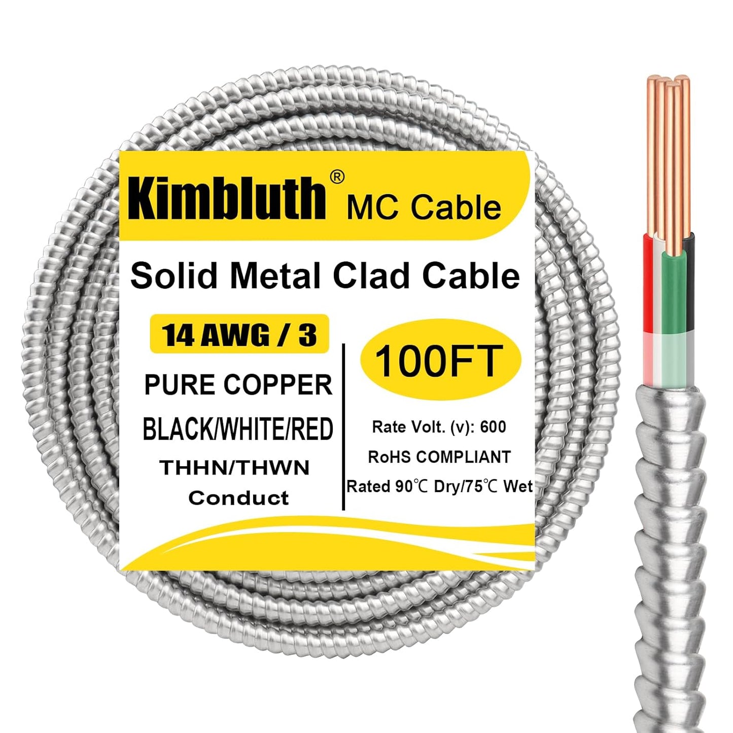 14/3 Metal Clad Cable with Ground 100ft for Indoor Outdoor Use