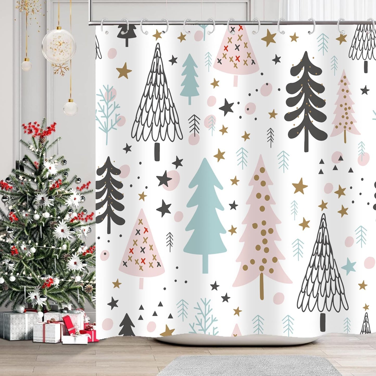 Waterproof Christmas Bathroom Set with Cute Stars & Tree Designs