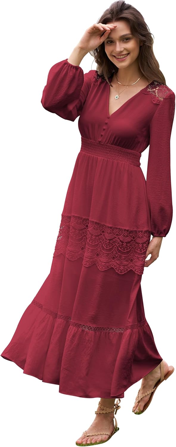 Long Sleeve Maxi Dress for Women Boho Flowy Wedding Guest