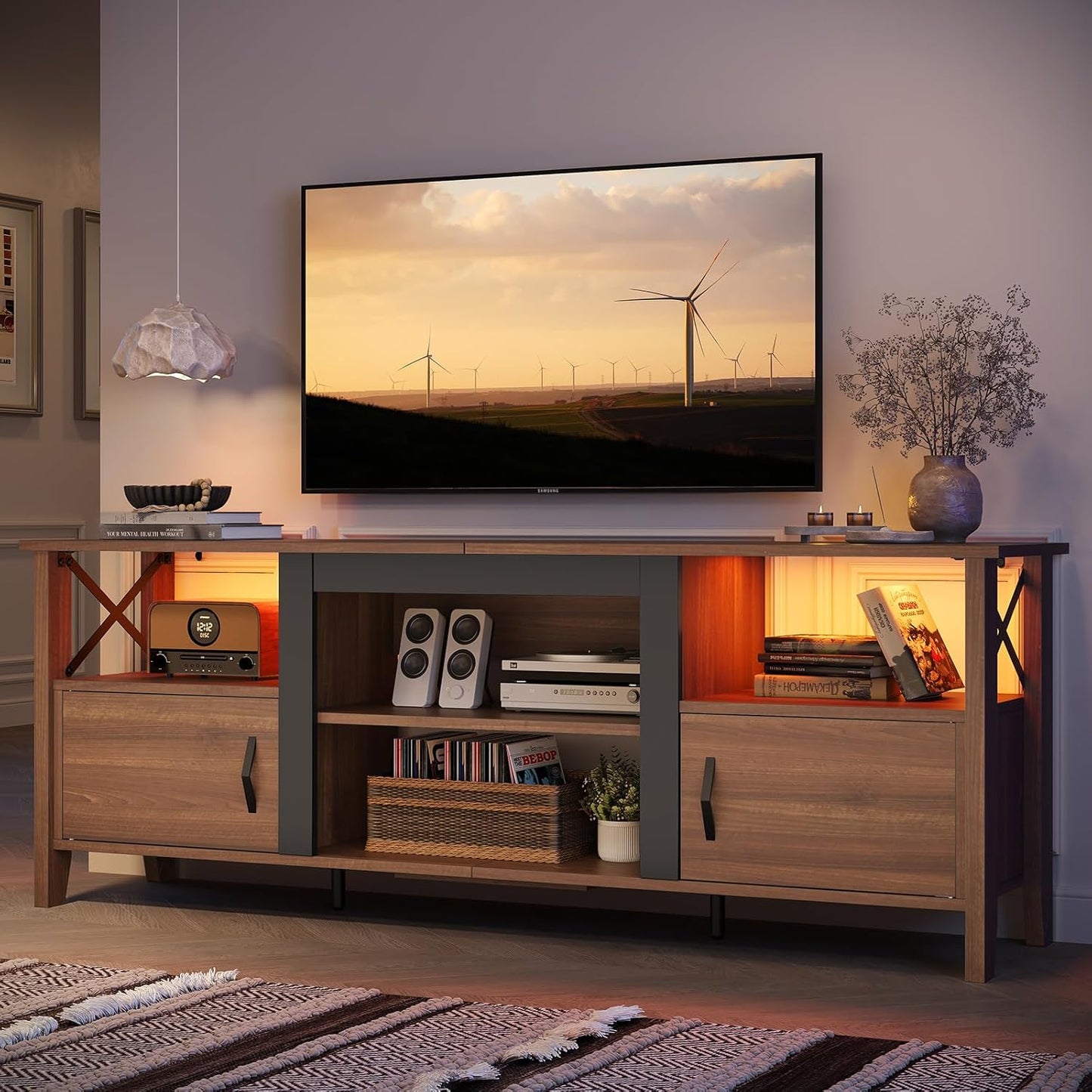 Bestier 63'' Farmhouse TV Stand, LED Lights, Storage Cabinets - Ancona Walnut