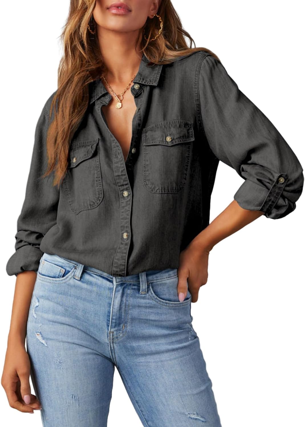 Astylish Women Button Down Denim Shirt for Casual Style
