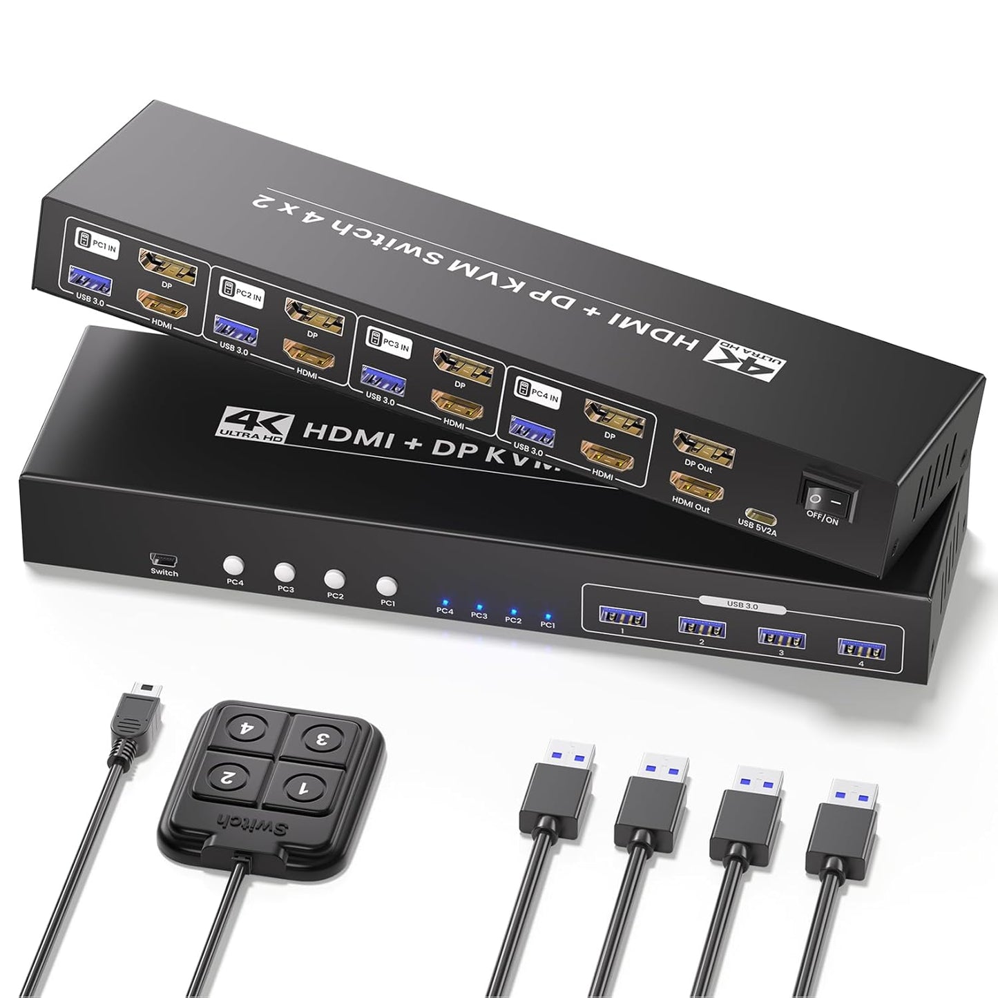 USB 3.0 4 Port HDMI Displayport KVM Switch for 2 Monitors