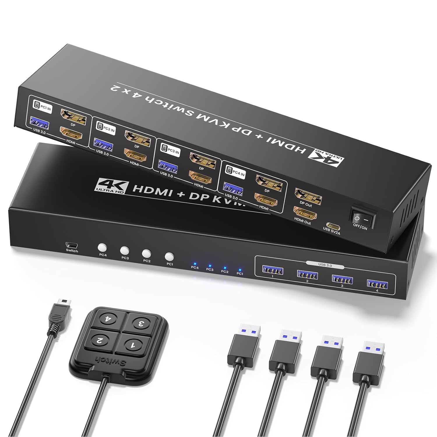 USB 3.0 4 Port HDMI Displayport KVM Switch for 2 Monitors