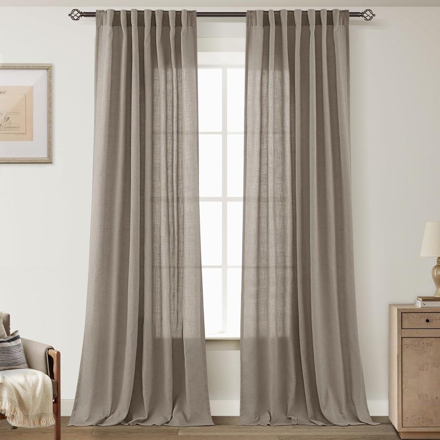 Taupe Linen Curtains 108 inches Long for Rustic Farmhouse Style